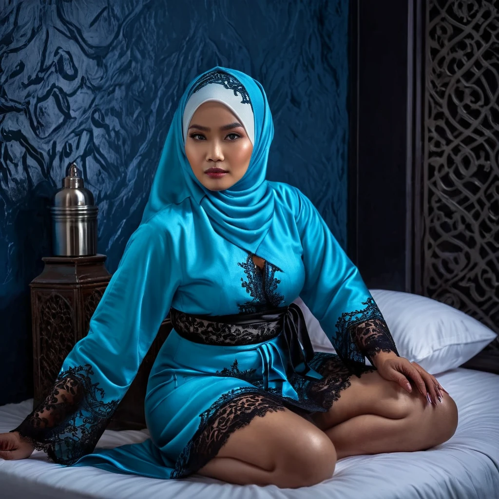 Aesthetic grave image, tense horror atmosphere, blue and black dominant background, best image quality, realistic and detailehigh quality, high resolution, high quality, best quality, 4k, 8k, 15 years young, mature Indonesian hijab woman, lace robe, pot belly, slim, sitting on the bed, with a white modern hotel bedroom background, proportional body, mature Indonesian woman,