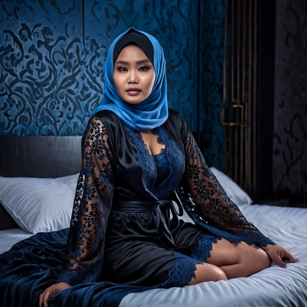 Aesthetic grave image, tense horror atmosphere, blue and black dominant background, best image quality, realistic and detailehigh quality, high resolution, high quality, best quality, 4k, 8k, 15 years young, mature Indonesian hijab woman, lace robe, pot belly, slim, sitting on the bed, with a white modern hotel bedroom background, proportional body, mature Indonesian woman,