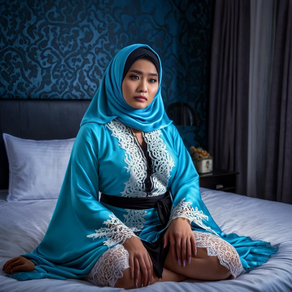 Aesthetic grave image, tense horror atmosphere, blue and black dominant background, best image quality, realistic and detailehigh quality, high resolution, high quality, best quality, 4k, 8k, 15 years young, mature Indonesian hijab woman, lace robe, pot belly, slim, sitting on the bed, with a white modern hotel bedroom background, proportional body, mature Indonesian woman,