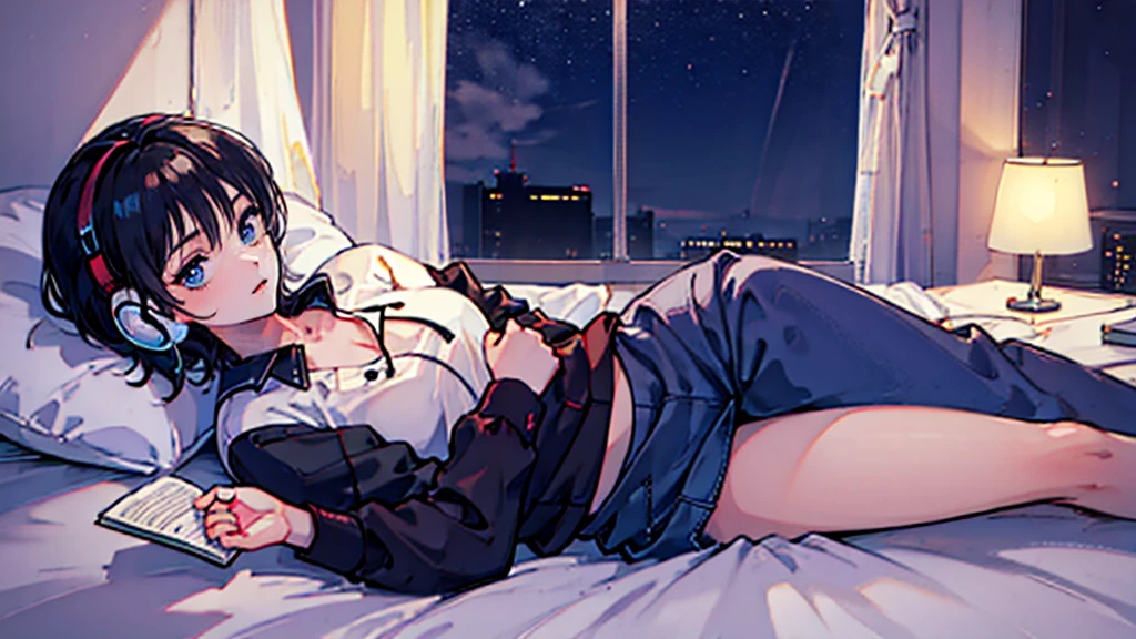 Black short Hair, night, black jacket, One Woman, street, Headphones、Dark Room、Lying in bed、Reading a book