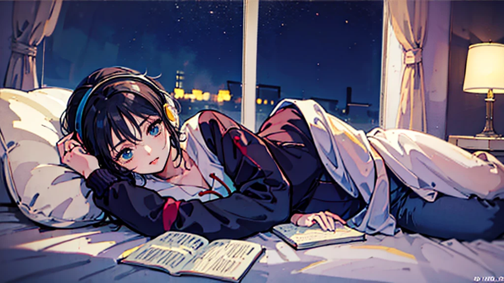 Black short Hair, night, black jacket, One Woman, street, Headphones、Dark Room、Lying in bed、Reading a book