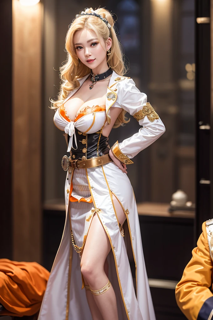 Woman portrait、Highest quality、Rear view、8k, clear, Fine skin、Clear, beautiful eyes、Cleavage、The beauty of a smile,Curly Hair、whole body、My hair was messed up by the wind、(Glamorous Muscle),(Hip_superior, Hip superior), Beauty,( Watching the audience),Realistic, High resolution, Soft Light,1 female, One person,blonde hair,ponytail,Fine Skin, Naughty look,((Traditional Vietnamese dress with collar)),Steampunk style girl、Costumes decorated with lots of gear and watches,(White and orange check stripes,Sailor-style armor with white and gold collar)、Beautiful Steampunk Guild Staff Costume Banker Uniform,(White and orange checked steampunk white steampunk jacket, Short jeweled tie,wrist cuffs,Gemstone Helmet,White coat,Gemstone Belt、High leg,Steampunk maid),((arms behind back)),(bokeh),(studio lighting)