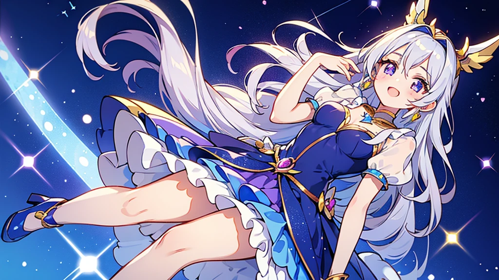 precure style,goddess ishtar,silver hair,ultra glitter young cute girl,Precure style lapis lazuli Gorgeous ruffle dress,Transformation scene,laughter,