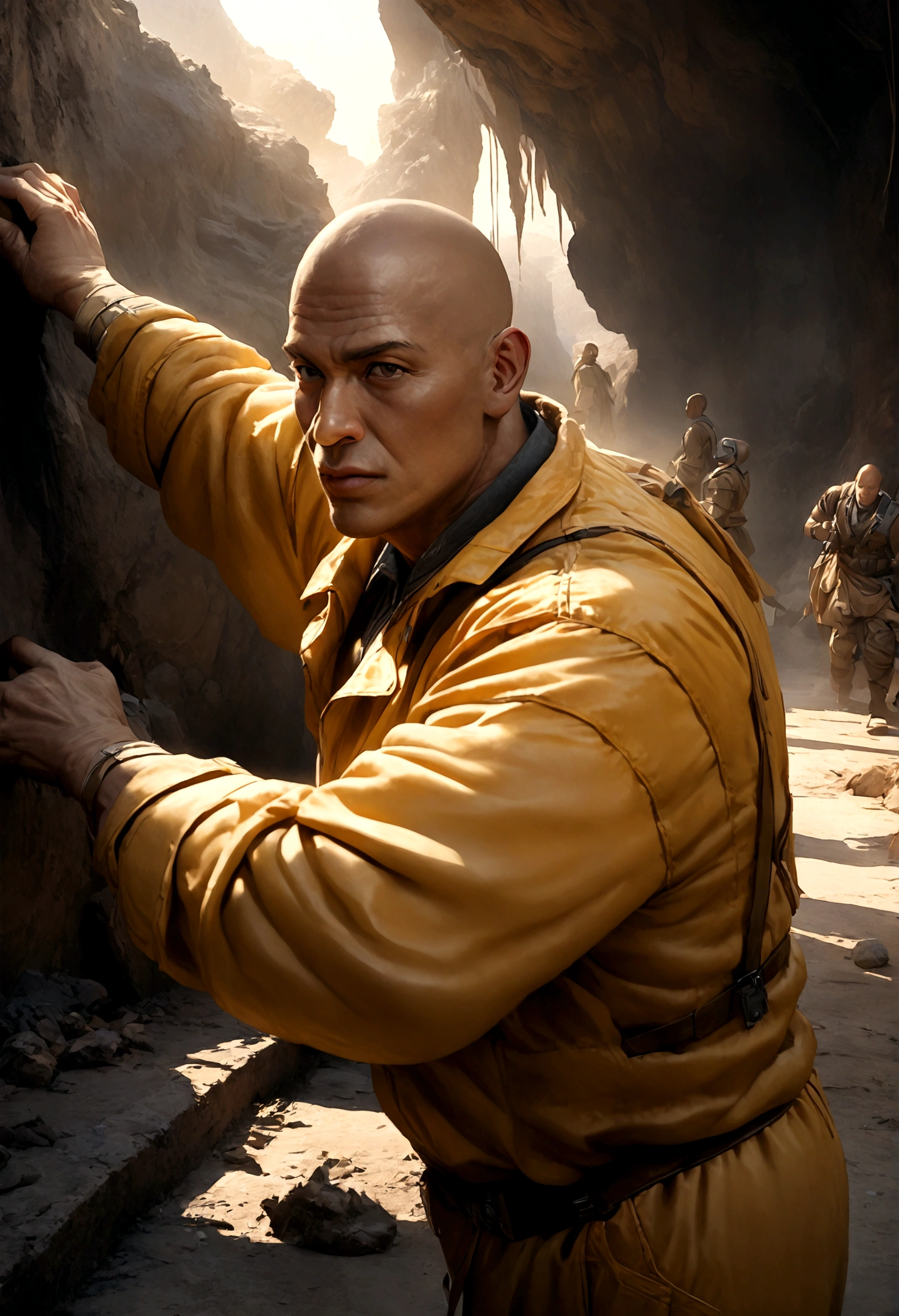 a muscular bald man in a yellow jumpsuit with a confused expression, (best quality,4k,8k,highres,masterpiece:1.2),ultra-detailed,(realistic,photorealistic,photo-realistic:1.37),action movie poster,extremely detailed face and body, highly detailed muscles, dynamic pose, dramatic lighting, cinematic composition, bold colors, text in the background "action and adventure"