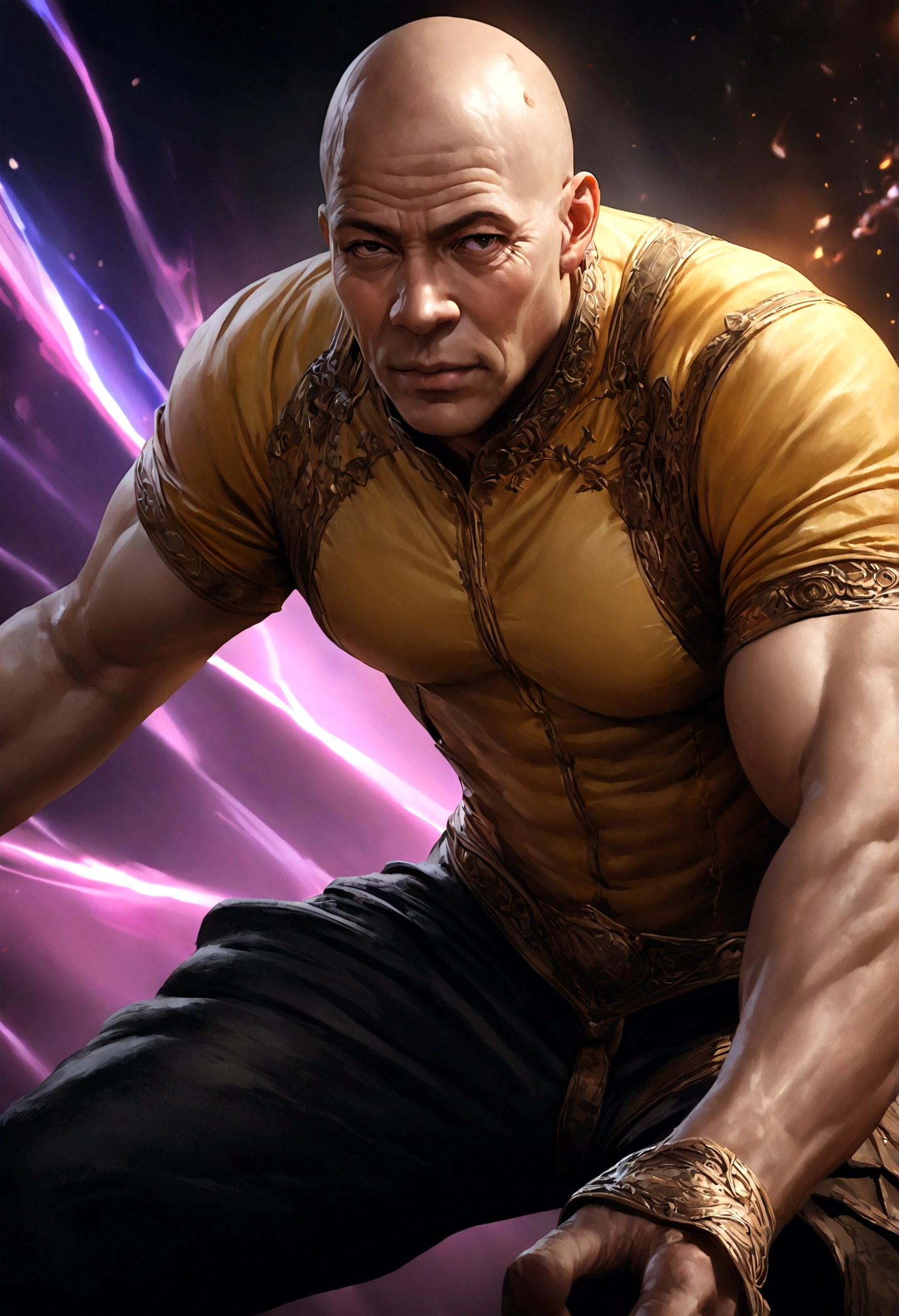 a muscular bald man in a yellow jumpsuit with a confused expression, (best quality,4k,8k,highres,masterpiece:1.2),ultra-detailed,(realistic,photorealistic,photo-realistic:1.37),action movie poster,extremely detailed face and body, highly detailed muscles, dynamic pose, dramatic lighting, cinematic composition, bold colors, text in the background "action and adventure"