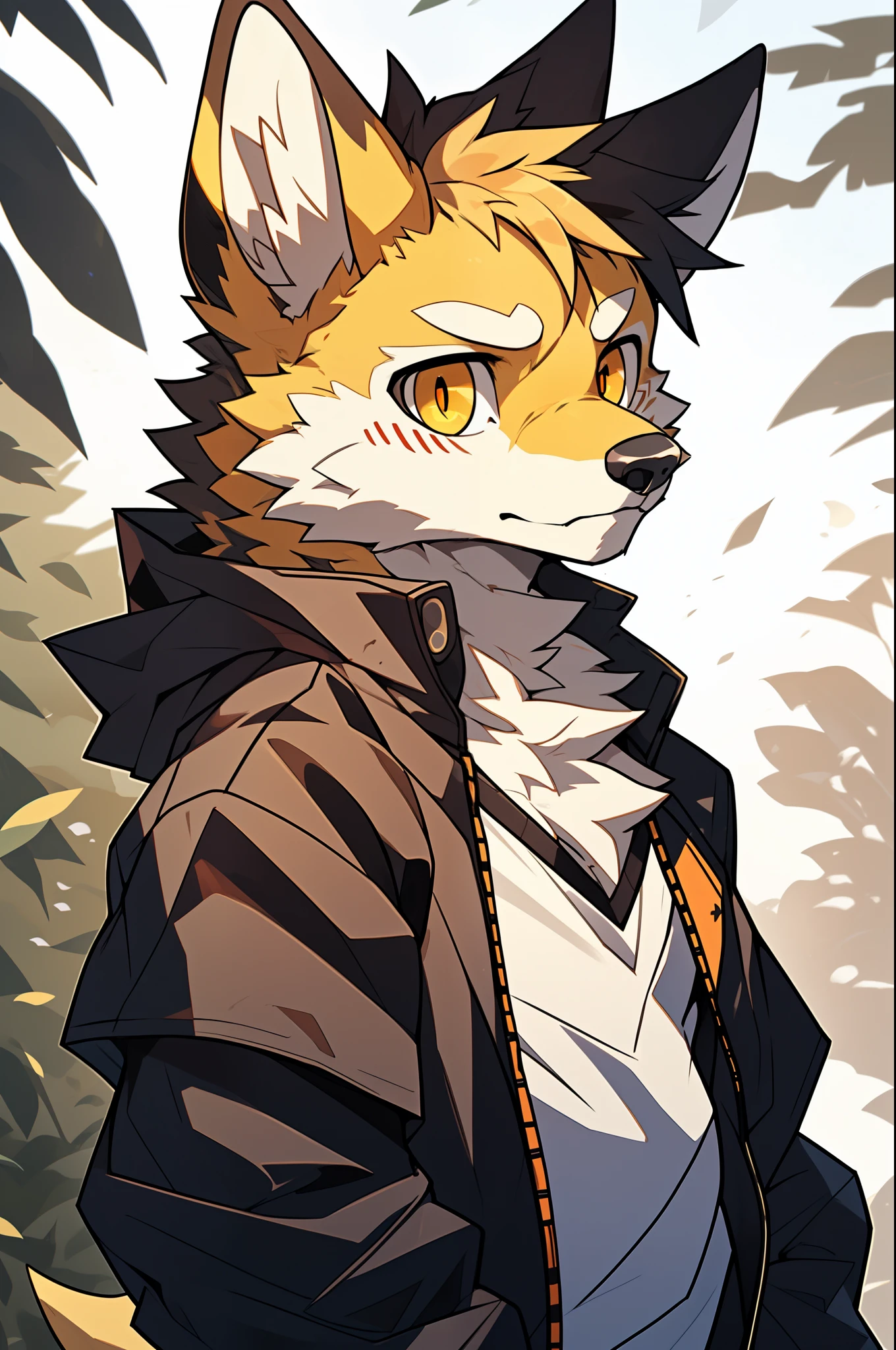 (highest resolution, Dynamic HDR, 4k, full HD) , furry, About 18 years old, yellow fur wolf, yellow body, orange_eyes, Random clothes, arrogant, shrink, upper body, round_cornea ,thin ,sad face