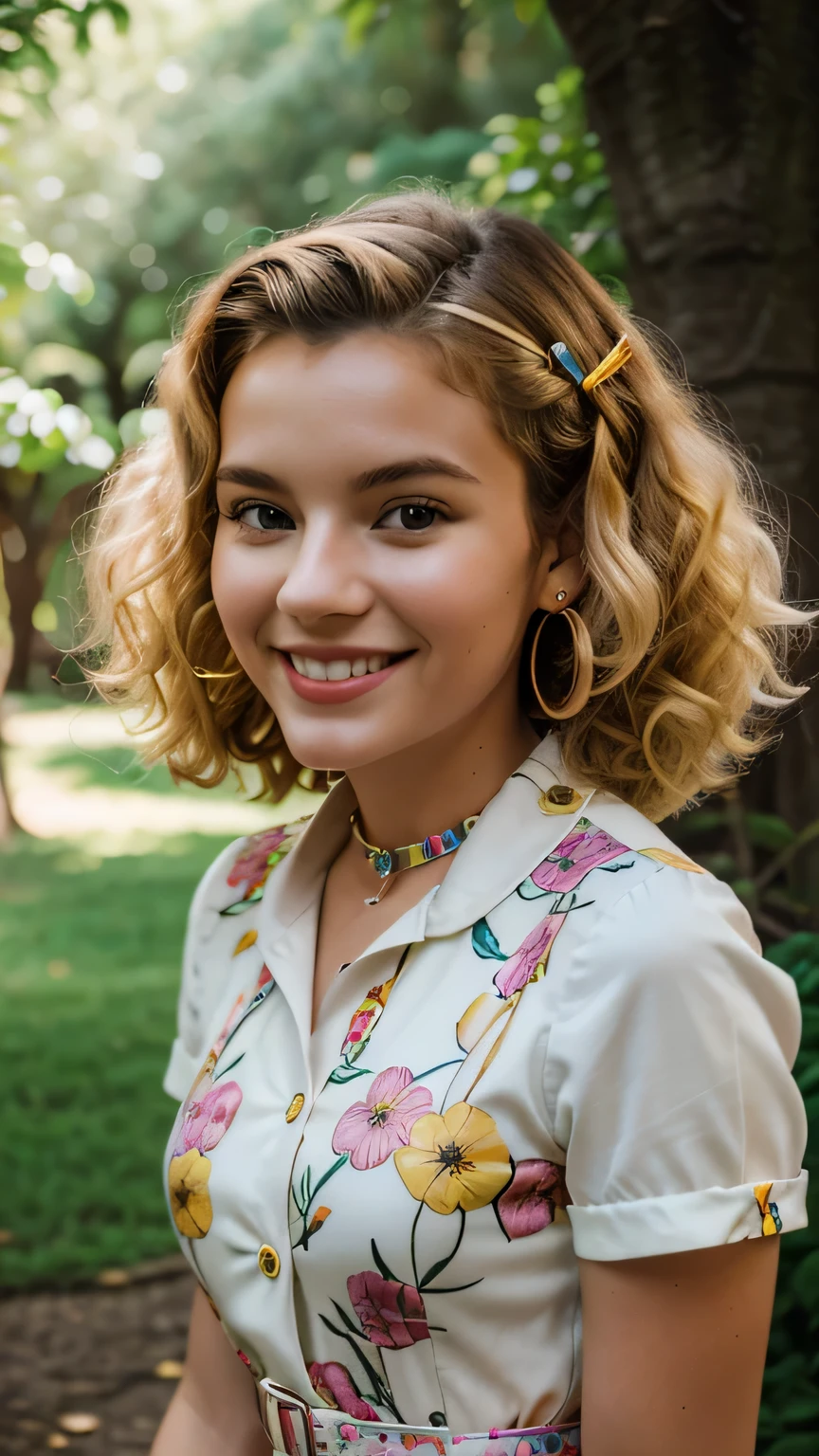 Portrait of an 18-year-old short curly blonde girl wearing 50's jumpsuit, sorrindo, suada com colar pulseira e brincos , 8K Ultra realista, em um jardim com diversas flores coloridas, ensolarada