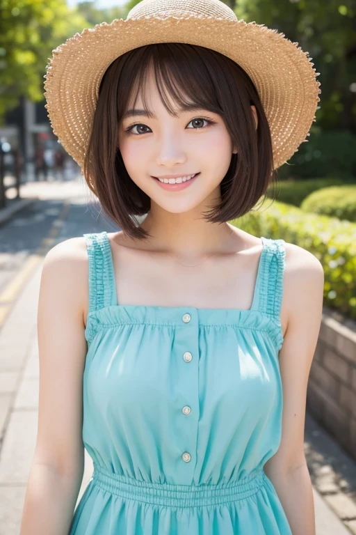 Produce the highest quality and highest resolution 8K images。The model is a 20-year-old Japanese woman.。The image depicts a person smiling at the camera and taking a commemorative photo at a tourist spot.。Draw the upper body of the model。She has brown eyes and a model figure.、She has an idol-level cute face.。Hair is bob cut。Skin has a healthy color。Clothes、She is wearing a cute dress.。