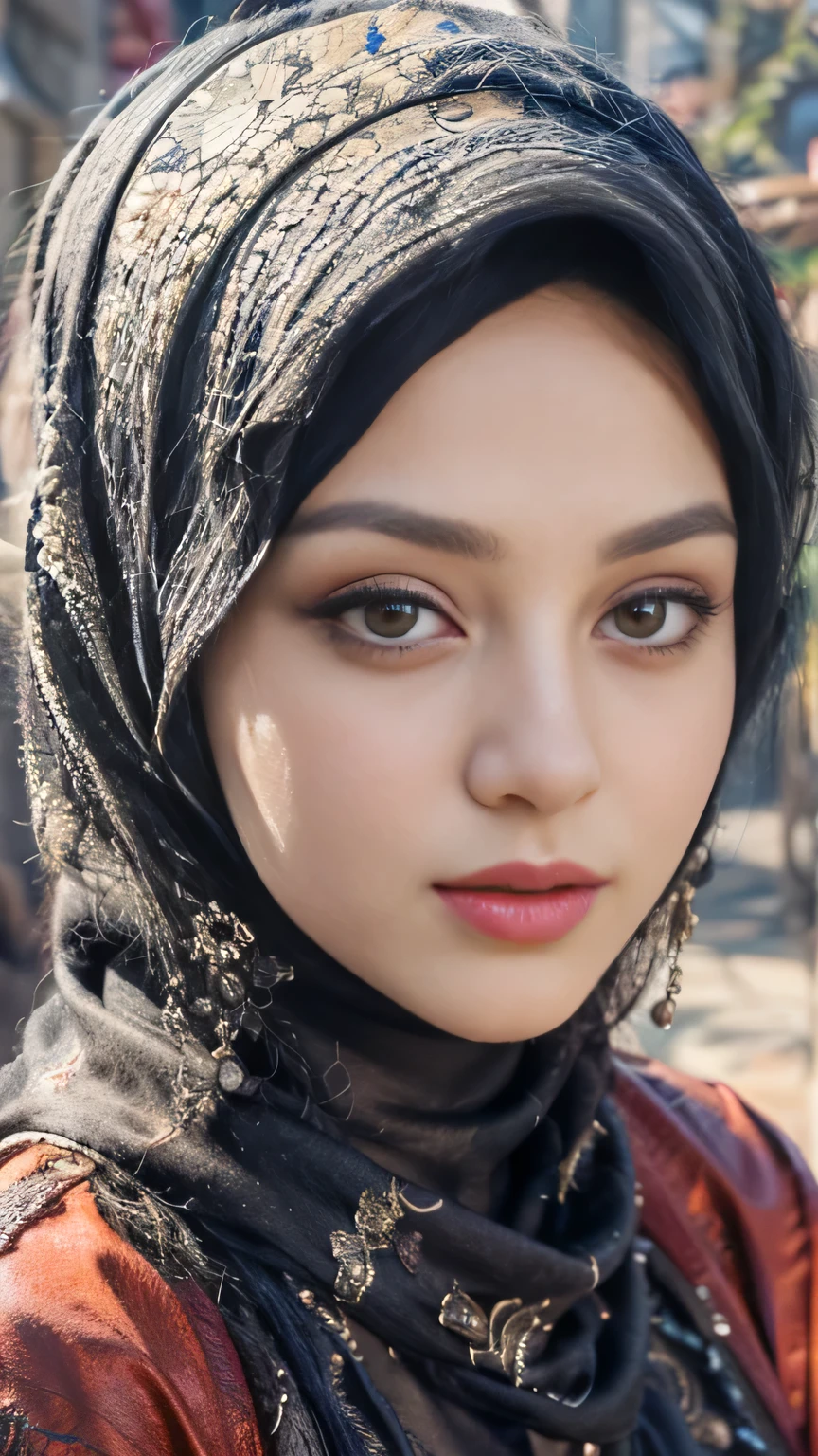 (best quality,4k,highres),vivid colors,close-up,beautiful eyes,beautiful detailed lips,detailed eyelashes,expressive face,confident expression,modern muslim woman,hijab fashion,colorful background,stylish accessories,striking red jacket,contrast with background,graceful posture,indoor setting,fashionista,proud of her heritage,joyful mood,fashion-forward,girlpower,strong and independent woman,positive attitude,eyebrows on fleek,professional makeup,contemporary fashion,emphasize the eyes,flawless skin,shimmering lipstick,high-quality photography,portrait photography,hijab style inspiration,empowered and elegant,lens flare effect,soft lighting,studio shot,embrace diversity,celebrate individuality,cultural pride.