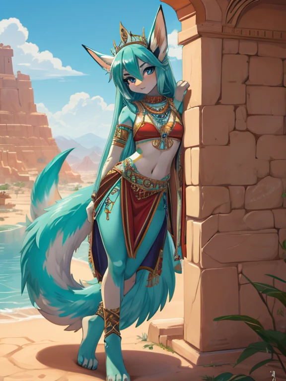 Miku Hatsune,Arabic, piel bronceada, alta definicion, orejas de kitsune, tatuaje tribal, arabian clothes, age princess, oasis landscape