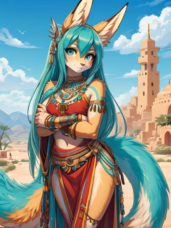 Miku Hatsune,Arabic, piel bronceada, alta definicion, orejas de kitsune, tatuaje tribal, arabian clothes, teenage princess, oasis landscape