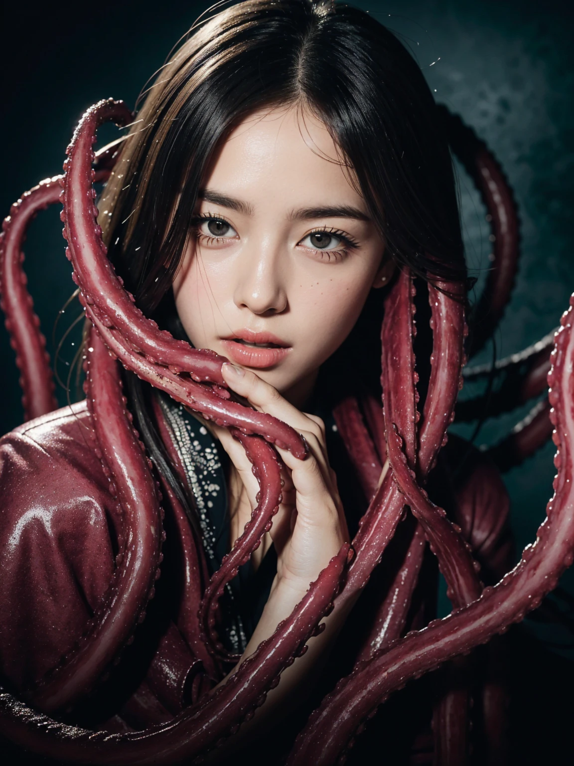 realistic, surreal, cinematic lighting, 32,000, 1 person,exact casual outfit、 (There are a lot of tentacles around.)、(((Cheeky Tentacle)))、 backlight, (bright lights:1.2), (Quality improvement:1.4), (Highest quality realistic textured skins:1.4), detailed face, Short hair, forehead, (Improves the beauty of skin texture.:1.1), matte texture、full body portrait、seabed、Countless tentacles spread out、 (((Tentacle gives girl a deep kiss)))、thick tentacles、(Soft tentacles with a texture similar to raw meat)、how in the mouth、