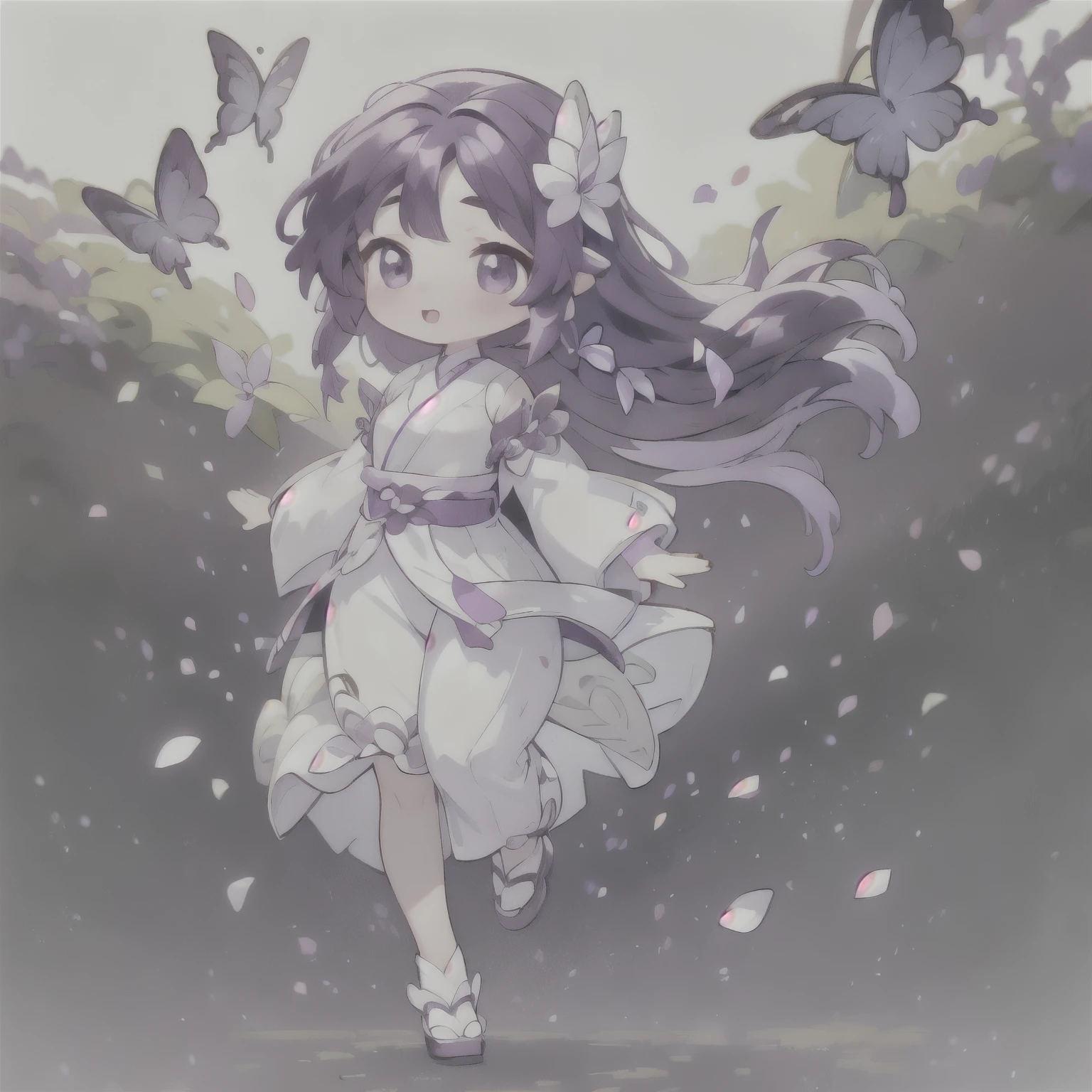 best quality, Cute light-skinned  chibi anime, Long purple hair，long purple hair,There are no bangs on the forehead，shouhui,cute,Purple Eyes, Butterfly hair accessory on the right，White Hanfu，full body,((solo)),Long skirt，big breast,Bare legs，((White background)),Falling petals，walking,Bright colors