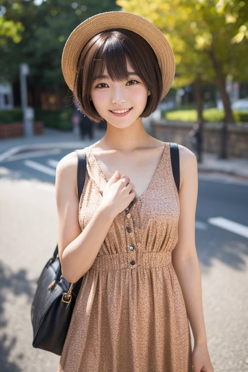 Produce the highest quality and highest resolution 8K images。The model is a 20-year-old Japanese woman.。The image depicts a person smiling at the camera and taking a commemorative photo at a tourist spot.。Draw the upper body of the model。She has brown eyes and a model figure.、She has an idol-level cute face.。Hair is bob cut。Skin has a healthy color。Clothes、She is wearing a cute dress.。