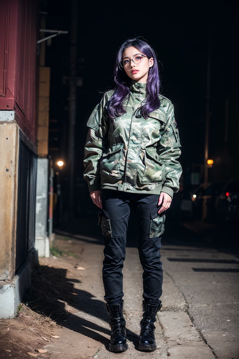 ((best quality)), ((masterpiece)), (detailed), perfect face, 1 girl, purple hair, blue beautiful eyes, tactical gear, military, black military pants, black military boots, black military jacket, city. Night, winter, glasses, (real、photorealistic、photorealistic: 1.37) soft lighting、roma、subtle shadow、intense colors、enchantingly illuminated、high contrast, full body