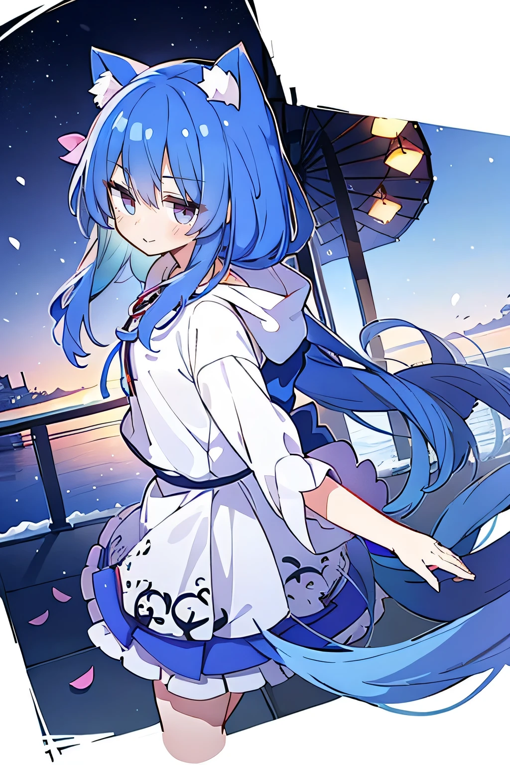 (masterpiece:1.2),Super detailed,lifelike,Expressive eyes,fair skin,perfect face shape,1 girl,
Japanese comics,Gorgeous blue hair,flowing blue hair,flowing clothes,Cat ears,Petals fall,beautiful lola,Baby Angel,
Shaking head with one hand,Cross your legs,Gentle and peaceful background,The pavilion is cool and comfortable,smile, wearing hoodie, background of tokyo,back views,snowing, winter.