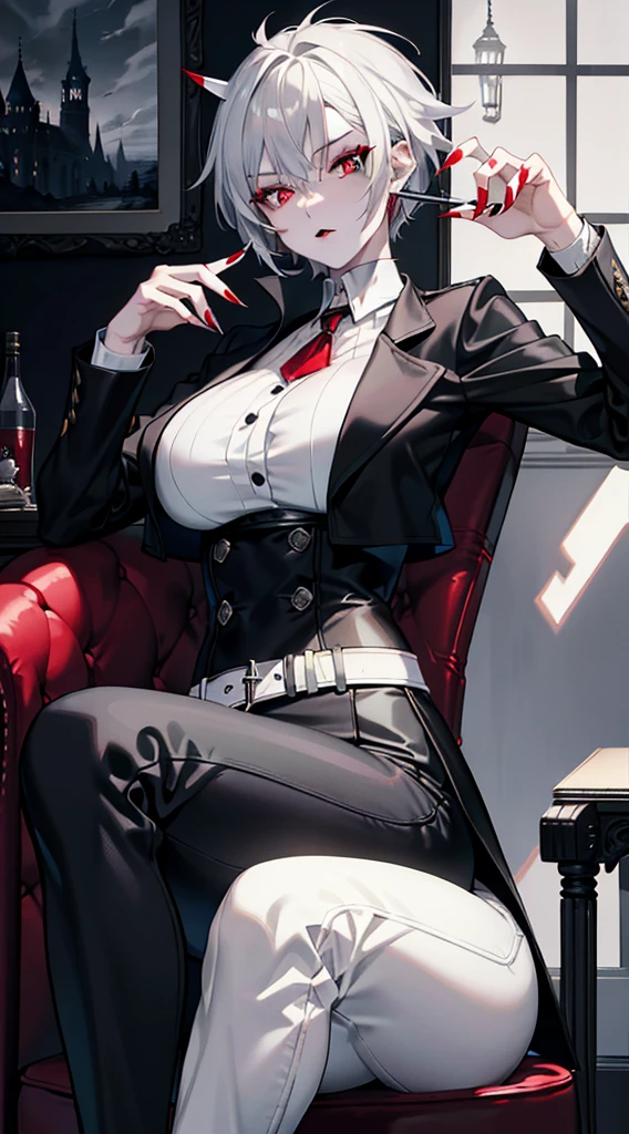 adult woman, short gray hair, spiky hair, Red eyes, black eye shadow, black lipstick, White aristocrat jacket, black tight pants, big breasts, musculature, claws, Castle, sitting on a chair, masterpiece, high quality, 4k, HD, Good detail
