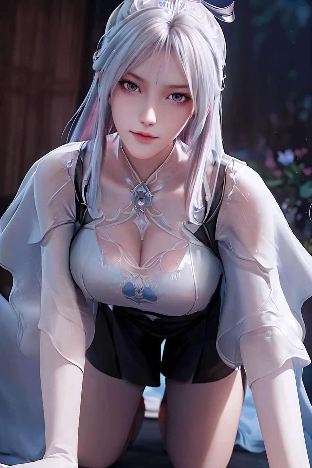 a white hair、Close-up of miss wearing white mask, Beautiful character painting, guweiz, Gurwitz-style artwork, White-haired god, author：Yang Jie, Epic and beautiful character art, Stunning character art, author：Fan Qi, by Wuzhun Shifan, pixiv Art Street Guviz, Single ponytail, insult, High Ponytail, Tall and big, Long legs, (sleeveless lace shirt), (shorts), (Striped )), ((Striped )), Walk, elegant, dignified, miss, Beautiful curves, sweet smile, Strong sense of detail and layering, Rich and colorful color, Has a unique texture, rich and colorful, color, vivid, Design Art, 16K, Super detailed, {{illustration}}, {Extremely refined}, {Exquisite surface treatment}, Super detailed, Delicate and shining eyes, {{Light}}, Ultimate light effect, Model: realism, CFG size: 12, Laura: Bright texture (1.35), high quality, masterpiece, Exquisite facial features, Delicate hair depiction, Detailed depiction of the eyes, masterpiece, best quality, Light line tracing, Extremely detailed CG unified 8k wallpaper, masterpiece, best quality, (1 girl), Perfect Miss Body, (((tight white t shirt))), beautiful eyes, (Delicate face), Black short hair, Tie your hair up, Light blue hairpin, Black silk frame glasses, in class, (White skin), (Optimal Lighting), (Super intricate details), 4k unity, (Super detailed CG), Showing off her white legs, , Hot Pants, shorts,Sexy Long Legs, Thin waist, Sweat is running down my waist, Showing belly, Extremely detailed depiction, Pink Hair, Asymmetrical bangs, Transparent clothes, Hands on thighs, Move your eyes away, 8k resolution, Raise an eyebrow, shiny hair, Flower head, Wristbands, bandage，Leather sexy pose, simple grey background, Climbing towards the audience, kitten pose, On all fours,