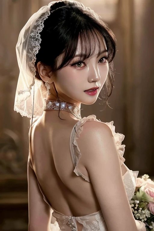 (highest image quality), (masterpiece), (vibrant, photography realistic, Realistic, Dramatic, Dark, Sharp focus, 8K), Close up Face, Highly detailed face and skin texture, sexy wedding dress, ethereal beauty, mature asian woman,black long hair, make up, sexy smile, nsfw ,Close up shot, ((backlight))