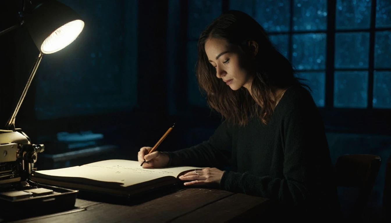 A detailed image of "a woman in her 20s, writing a book with an automatic scribe machine" in "a dark room" during "late at night", taken with a cinematic camera, using portrait with cinematic lighting --ar 16:9 --s 1000 --v 6
