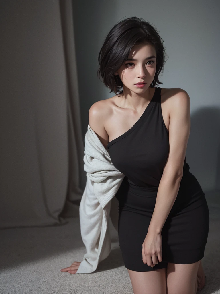 Best quality, masterpiece, ultra high res, (photorealistic:1.5), raw photo, 1girl, offshoulder, in the dark, deep shadow, low key, cold light, sexy look, short hair,black hair, black eyes, full body