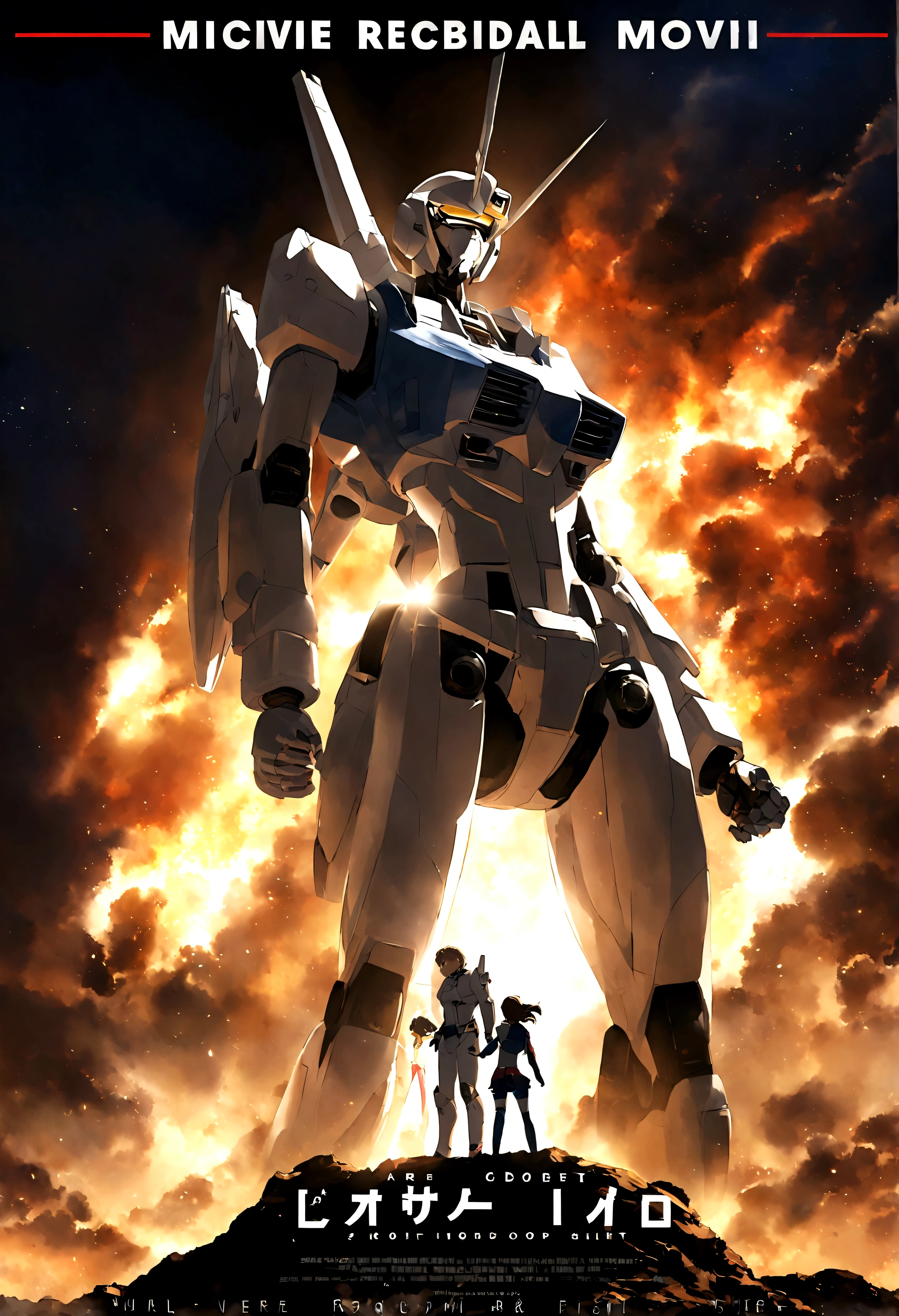 Robotech, Rick Hunter (pilot suit) and Lynn Minmei (j pop idol outfit) with a Veritech fighter in robot mode standing in the background, movie poster