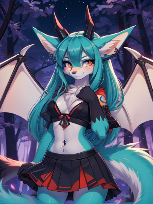 Miku Hatsune, add high definition_detail:1, blue fur,kitsune ears, tribal tattoo add_detail:1,put on the leg, Walking position during full moon showing her beautiful figure and outfit.. (black off shoulder blouse, mini ahort ) sweaty body add_details:1, smiling add_detailsl:1, ear piercing add_detail:1, cover position in bed add_detail, horny girl add_detail:1, seductive position add_detail:1, RED Saturation, photo style lighting add_detail:1, sensual bondage add_detail, very fine and detailed hands add_detail, cara angelical, mischievous look, vampire wings, vampire fangs, fierce mouth 