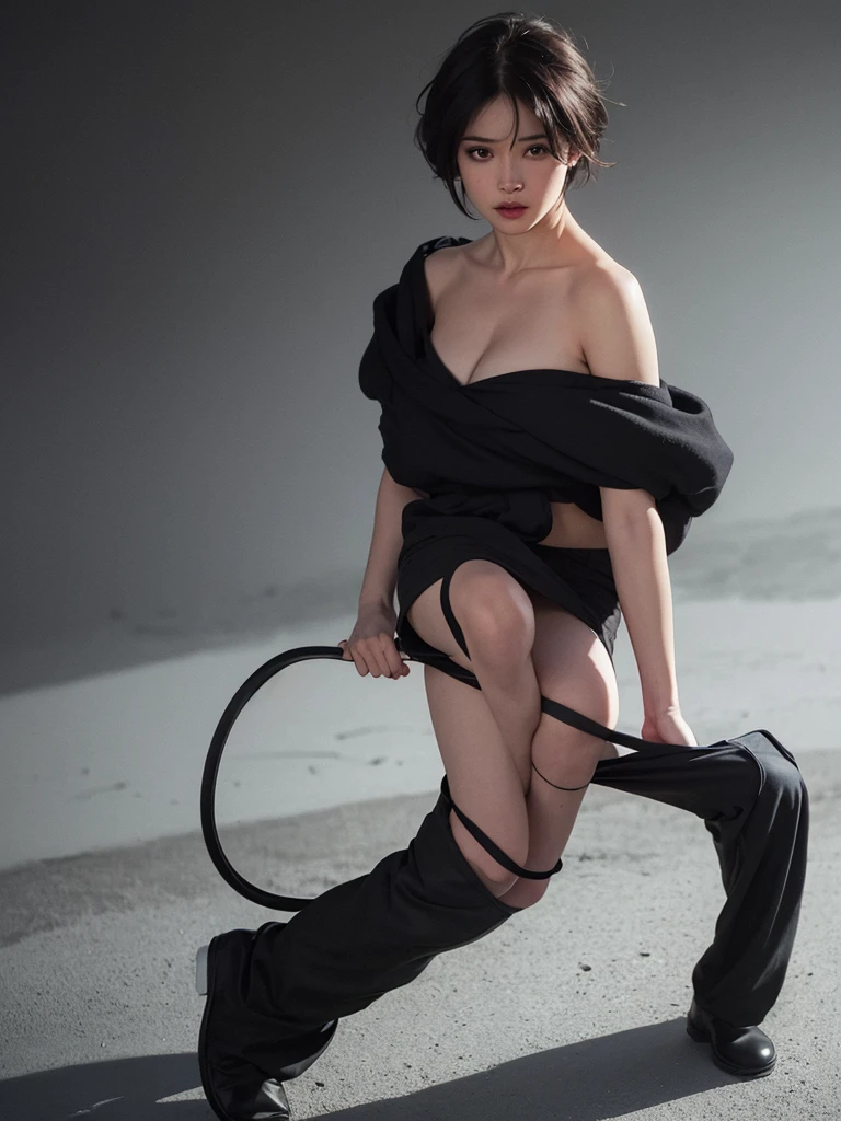 Best quality, masterpiece, ultra high res, (photorealistic:1.5), raw photo, 1girl, offshoulder, in the dark, deep shadow, low key, cold light, sexy look, short hair，black hair, black eyes, full body
