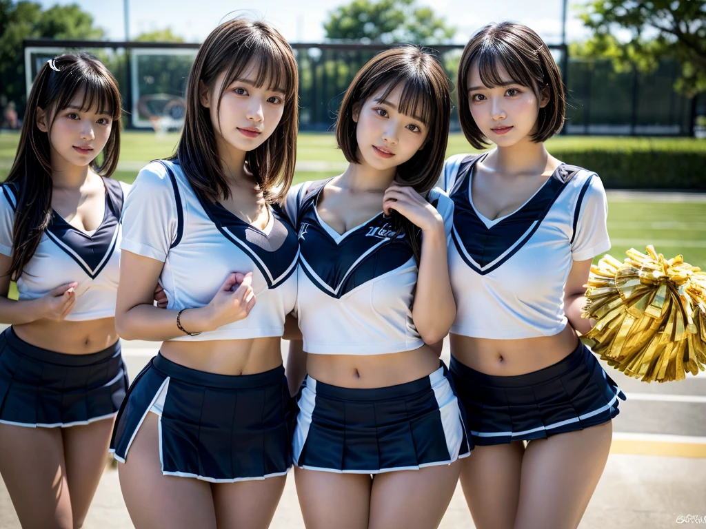 (RAW photo, 4k, masterpiece, high resolution, extremely complex) (realistic: 1.4), cinematic lighting
 ((2 girls, 2 schoolgirls)),blushing,((innocent)),bright eyes,round eyes,blunt bangs,(short bob hair:1.3),black hair,large breasts,wide hips,Summer Noon, ,Hot, (Best Quality), (Highres), (an Extremely Delicate and Beautiful),(Beautiful 8k face),(Brown eyes),( spectators),(gigantic breasts),(Play with each other,Touching each other's bodies,Touching the body),(cheer girl:1.5),(a miniskirt),(reality),bright lighting,(The background is a luxury hotel room)
