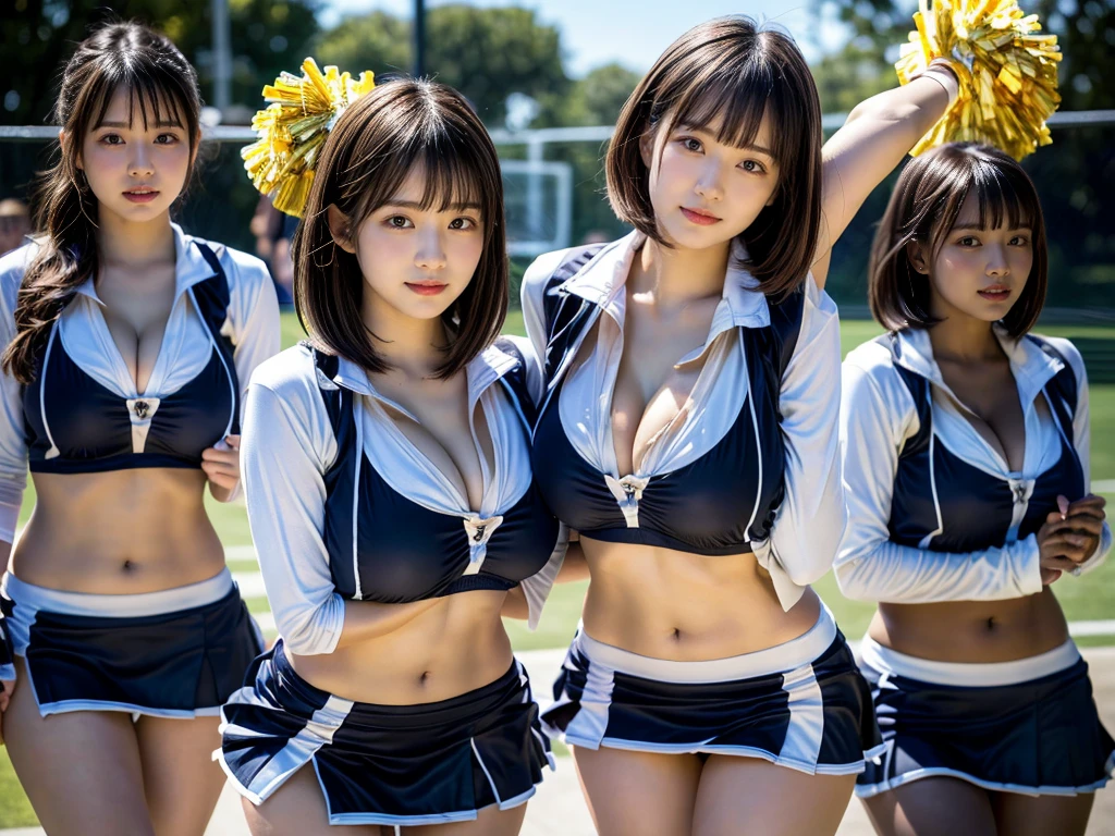(RAW photo, 4k, masterpiece, high resolution, extremely complex) (realistic: 1.4), cinematic lighting
((2 girls, 2 schoolgirls)),blushing,((innocent)),bright eyes,round eyes,blunt bangs,(short bob hair:1.3),black hair,large breasts,wide hips,Summer Noon, ,Hot, (Best Quality), (Highres), (an Extremely Delicate and Beautiful),(Beautiful 8k face),(Brown eyes),( spectators),(gigantic breasts),(Play with each other,Touching each other's bodies,Touching the body),(cheer girl:1.5),(a miniskirt),(reality),bright lighting,(The background is a luxury hotel room)