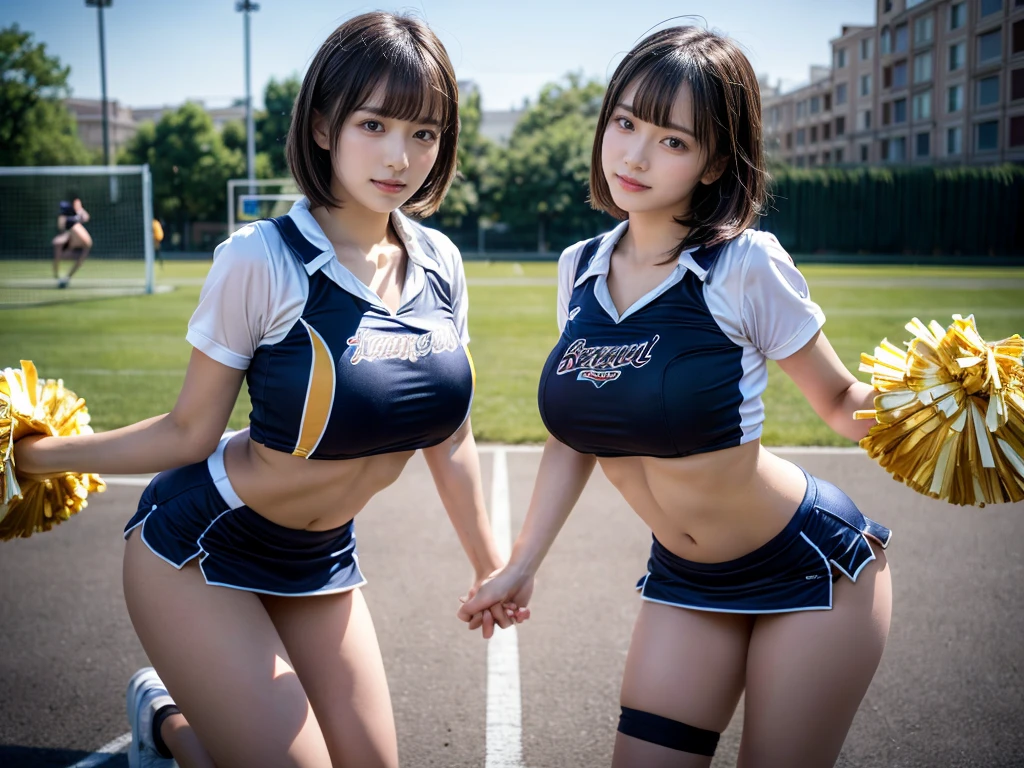 (RAW photo, 4k, masterpiece, high resolution, extremely complex) (realistic: 1.4), cinematic lighting
((2 girls, 2 schoolgirls)),blushing,((innocent)),bright eyes,round eyes,blunt bangs,(short bob hair:1.3),black hair,large breasts,wide hips,Summer Noon, ,Hot, (Best Quality), (Highres), (an Extremely Delicate and Beautiful),(Beautiful 8k face),(Brown eyes),( spectators),(gigantic breasts),(Play with each other,Touching each other's bodies,Touching the body),(cheer girl:1.5),(a miniskirt),(reality),bright lighting,(The background is a luxury hotel room)