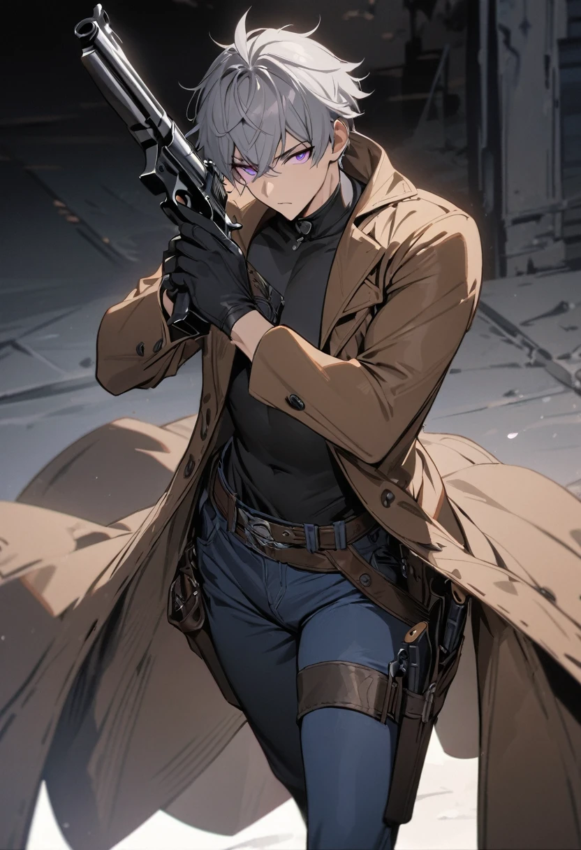 (masterpiece, best quality:1.2) best quality, boy design, short gray hair, boy face, boy body, focused look, purple eyes, black cowboy hat, black tight shirt, brown Duster coat, black gloves, blue jeans, western black boots, black cowboy holster, 2 guns, holding guns in hands.
