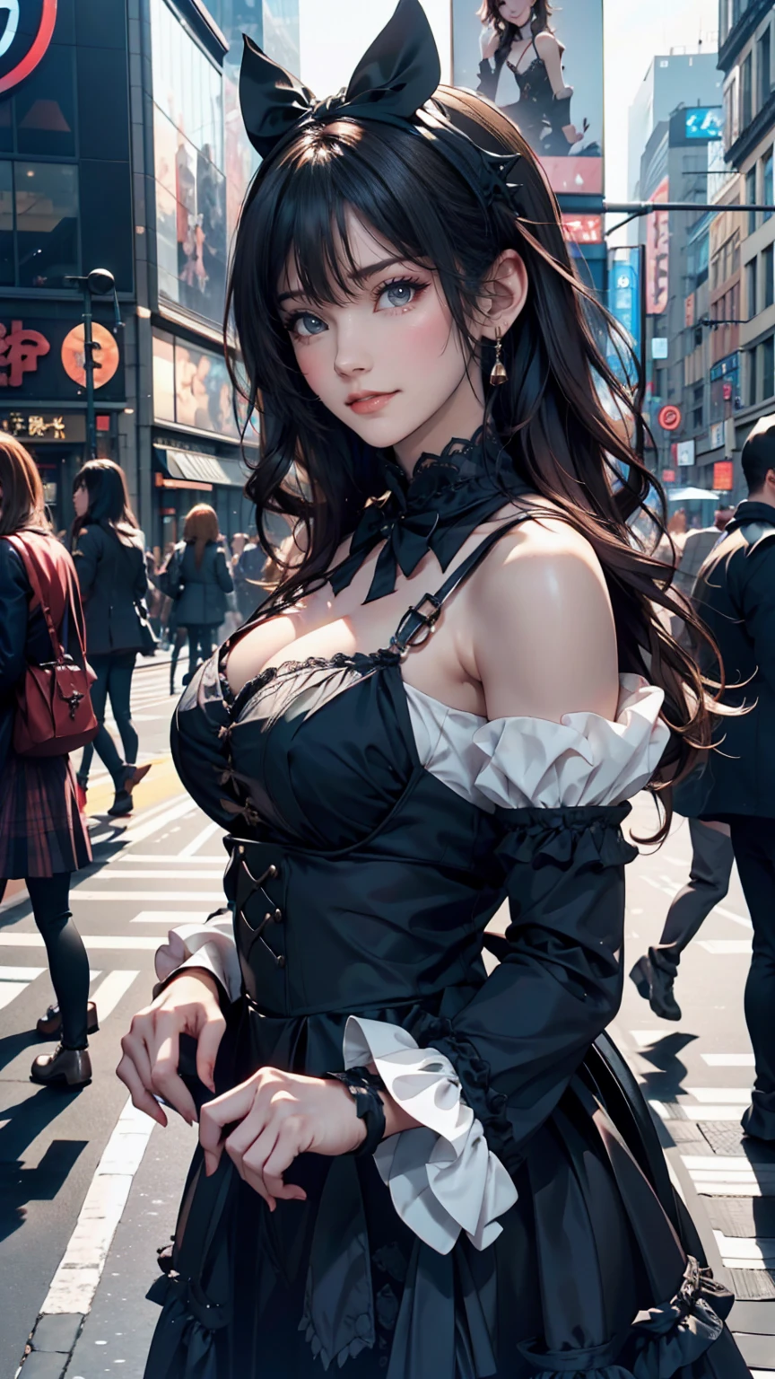 Mature Caucasian Woman、Sexy Gothic Lolita Fashion、Shibuya Scramble Crossing、smile