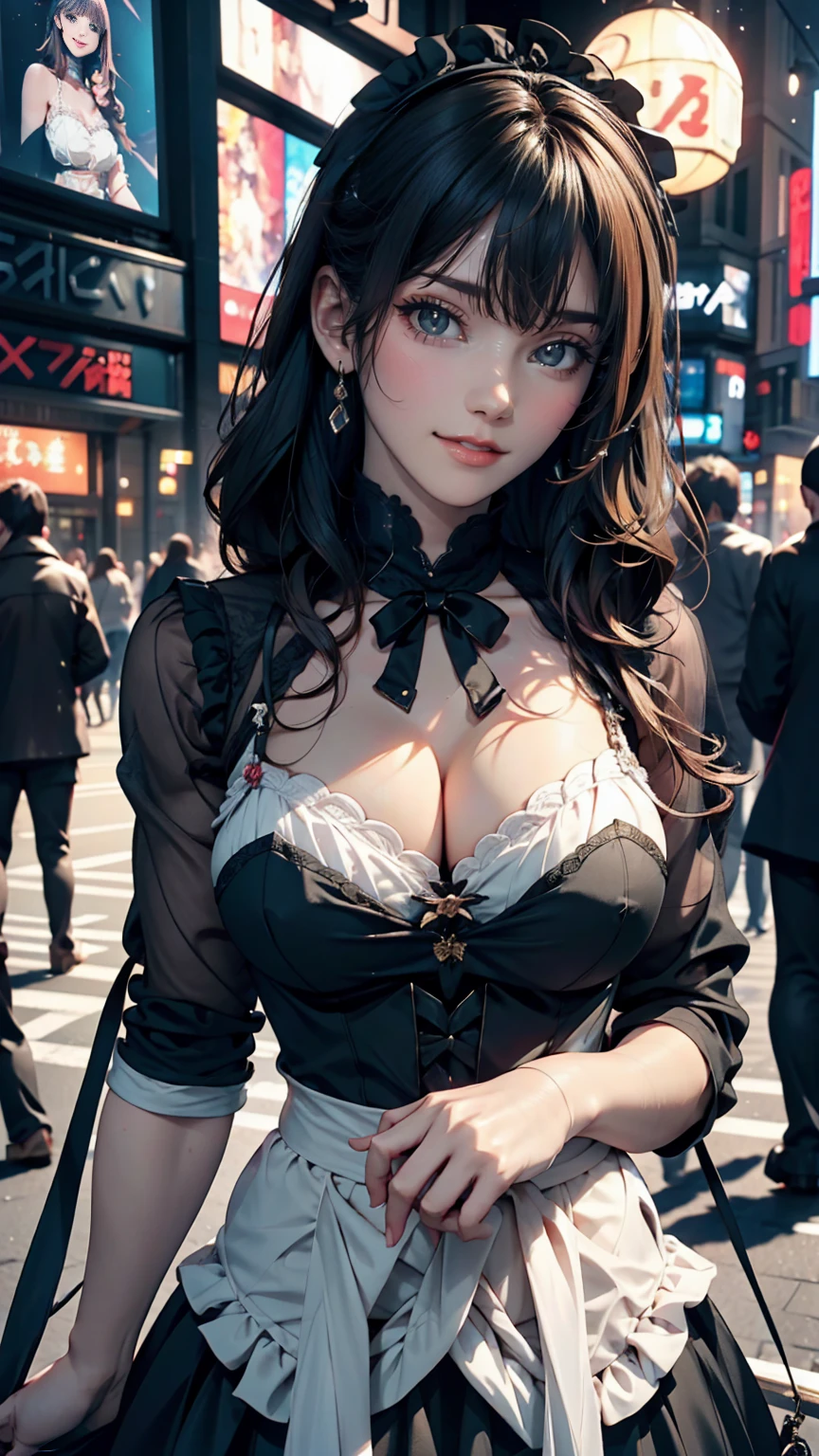 Mature Caucasian Woman、Sexy Gothic Lolita Fashion、Shibuya Scramble Crossing、smile