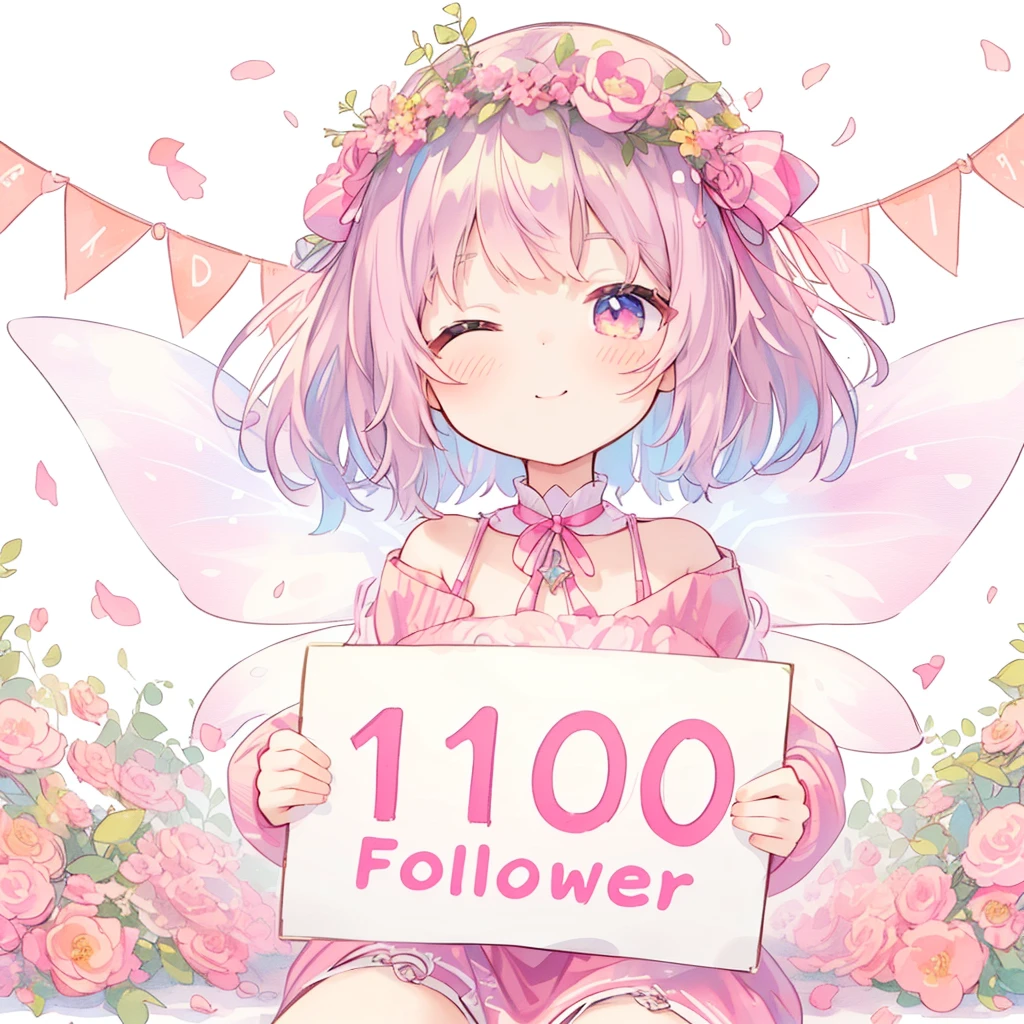 Anime girl holding a sign that says 1,Follower count 100, Pastel watercolor anime、Close your eyes and smile、Pink Theme、sit、,Very detailed ,summer wreath background、White Background, Fairy girl holding a big sign "1100 followers!" written on the flag.Raise your arms、hang on.Super high-definition description、Realistic lines、 Contest Winner, Gwaiz, Pixiv daily ranking, top rated on Pixiv, Pixiv, popular on Pixiv, trending on Pixiv, 🍁 cute, artwork in the style of Gwaiz, Fairy Core, Gwaiz on Pixiv artstation
