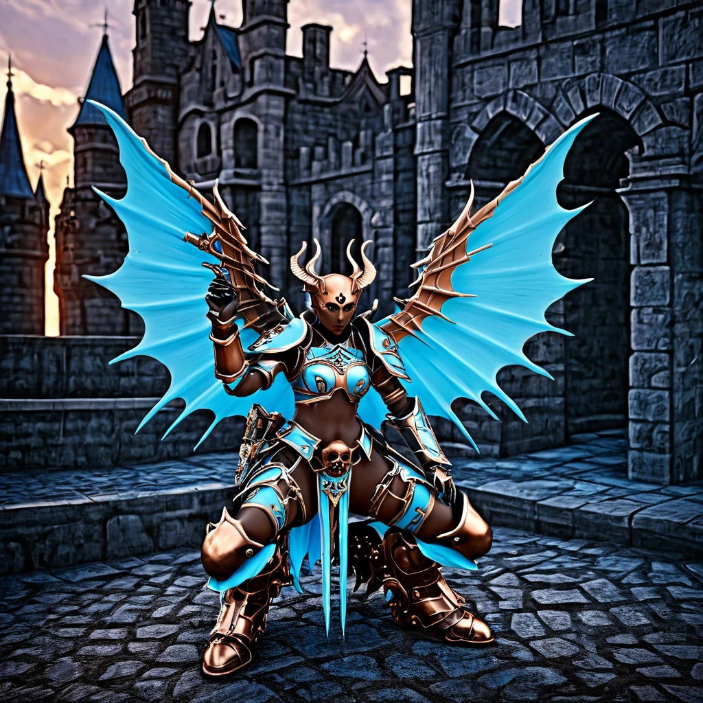 Aesthetic grave image, tense horror atmosphere, blue and black dominant background, best image quality, realistic and detailed(masterpiece、highest quality、Realistic photos)、A very cute Japanese woman、(Brown skin:1.4)、A complex copper and brass mechanical armor with a skull motif.、Bat Wings、White tone、Blue accents、foot、Extremely intricate details、Posing on the medieval castle walls at sunset、Full Body Shot、Minimum 4 or more generated