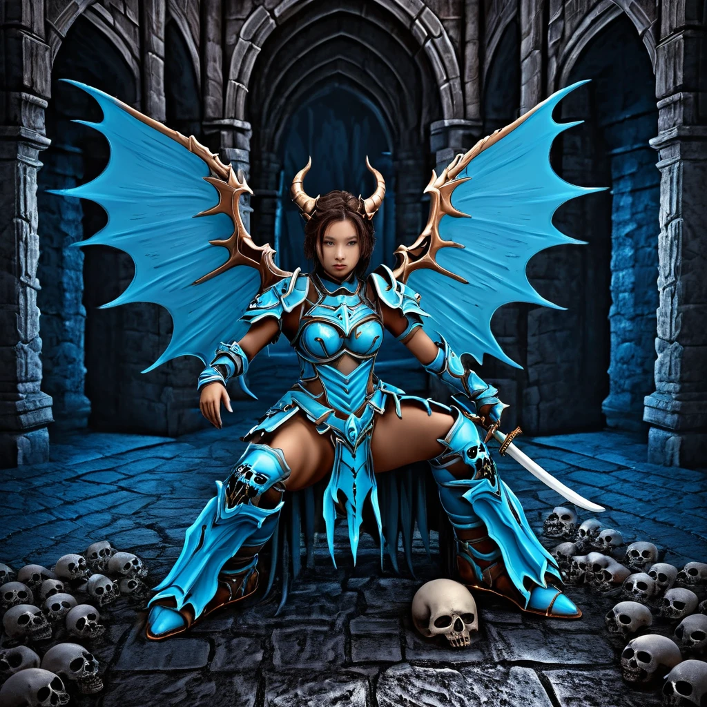 Aesthetic grave image, tense horror atmosphere, blue and black dominant background, best image quality, realistic and detailed(masterpiece、highest quality、Realistic photos)、A very cute Japanese woman、(Brown skin:1.4)、A complex copper and brass mechanical armor with a skull motif.、Bat Wings、White tone、Blue accents、foot、Extremely intricate details、Posing on the medieval castle walls at sunset、Full Body Shot、Minimum 4 or more generated