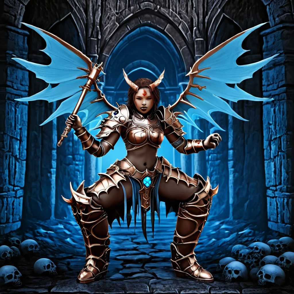 Aesthetic grave image, tense horror atmosphere, blue and black dominant background, best image quality, realistic and detailed(masterpiece、highest quality、Realistic photos)、A very cute Japanese woman、(Brown skin:1.4)、A complex copper and brass mechanical armor with a skull motif.、Bat Wings、White tone、Blue accents、foot、Extremely intricate details、Posing on the medieval castle walls at sunset、Full Body Shot、Minimum 4 or more generated