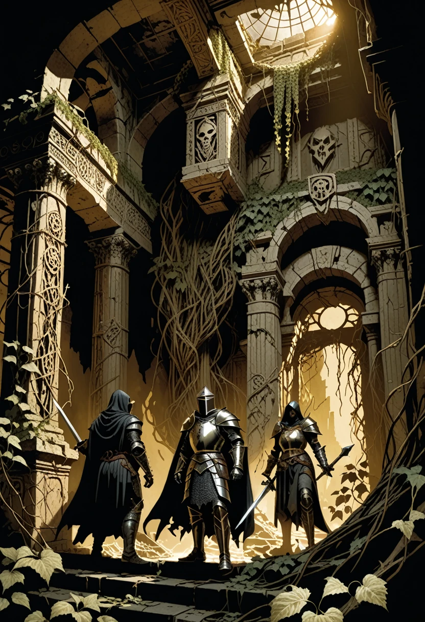 A group of adventurers, a valiant knight, a cunning rogue, and a wise mage, cautiously navigate a crumbling temple overgrown with vines. Golden sunlight pierces through the gaps in the ceiling, illuminating a treasure chest adorned with ancient symbols. Mike Mignola style, strong lines, chiaroscuro lighting, mysterious, adventurous, dramatic.