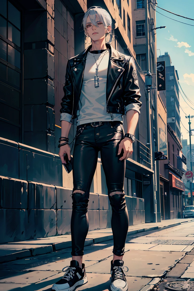 (1 boy), (silver hair), (beautiful almond-shaped gray eyes), cool, nine head proportions, standing, fitted white crew-neck t-shirt, (black leather biker jacket), blue skinny jeans, black high-top sneakers, a black beanie, silver aviator sunglasses, a leather bracelet, a black leather belt, an urban street background, ground level shot,  monochrome background,