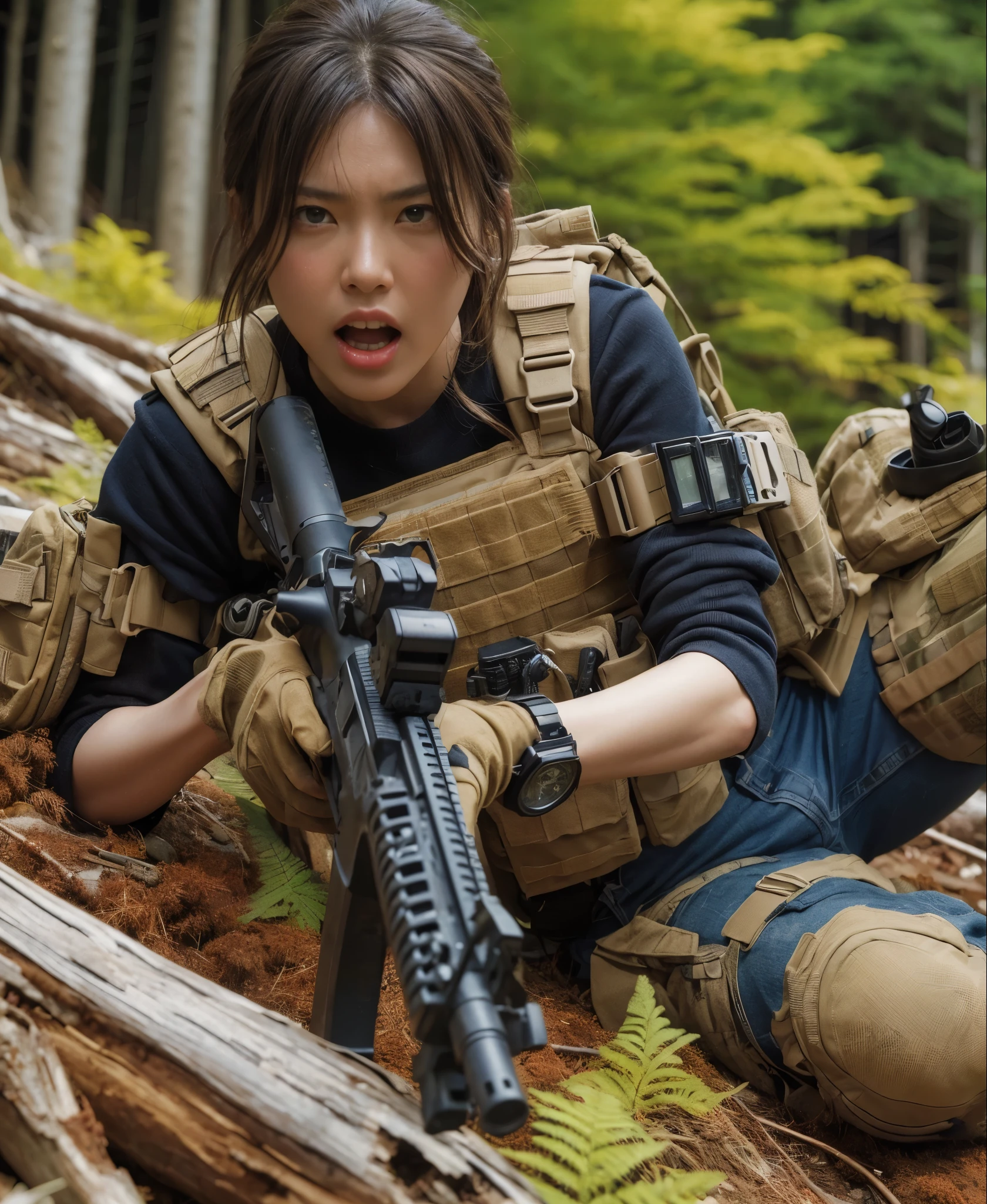 beautiful japanese woman in us special forces uniform, extremely detailed skin texture, super realism, realistic photo, 8k, realistic military equipment, camouflage, crouching in coniferous forest, gunfight, wearing bulletproof vest and tactical gear, wristwatch, angry expression, hdr, studio lighting, ultra-detailed, physically-based rendering
