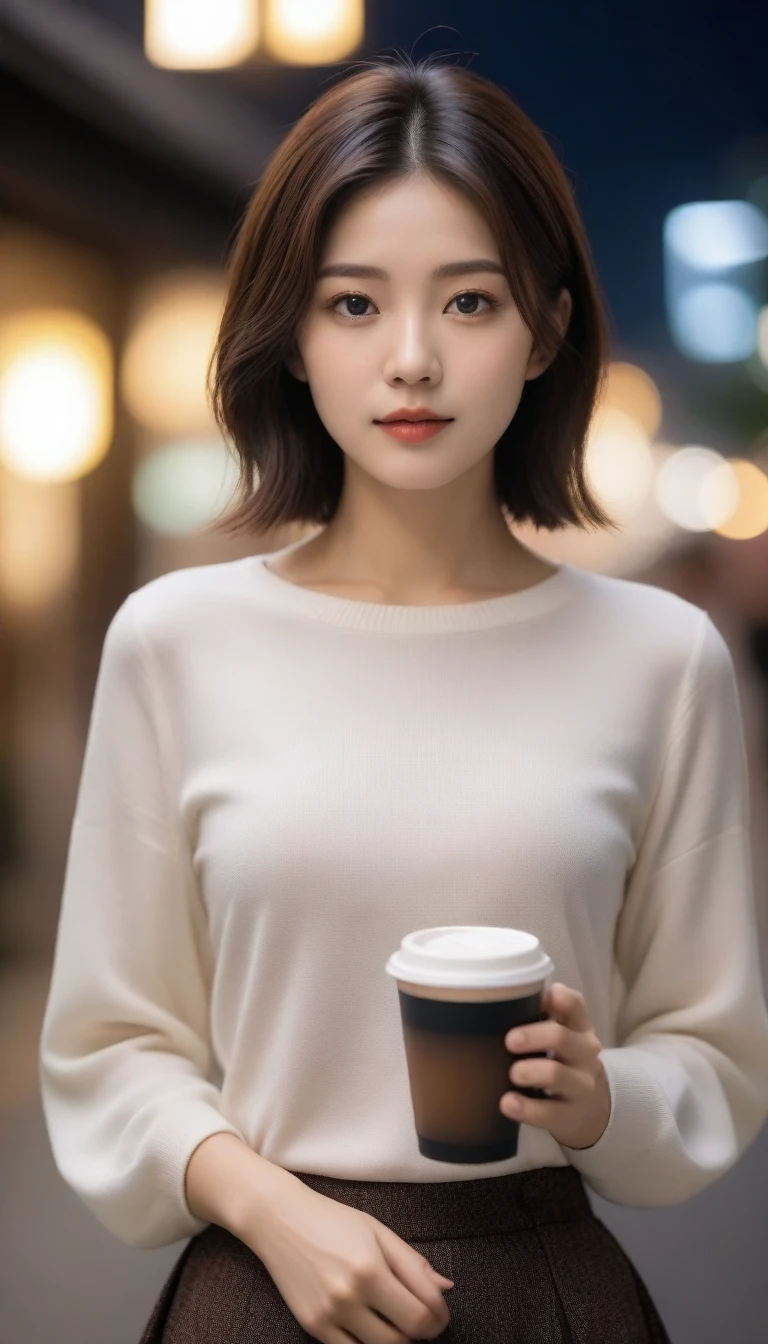 A close-up of a beautiful Korean woman, small breast size, wearing a long-sleeved shirt, skirt, Looking straight ahead at the camera, holding a coffee cup in hand , bokeh background, night, short hair front view, UHD