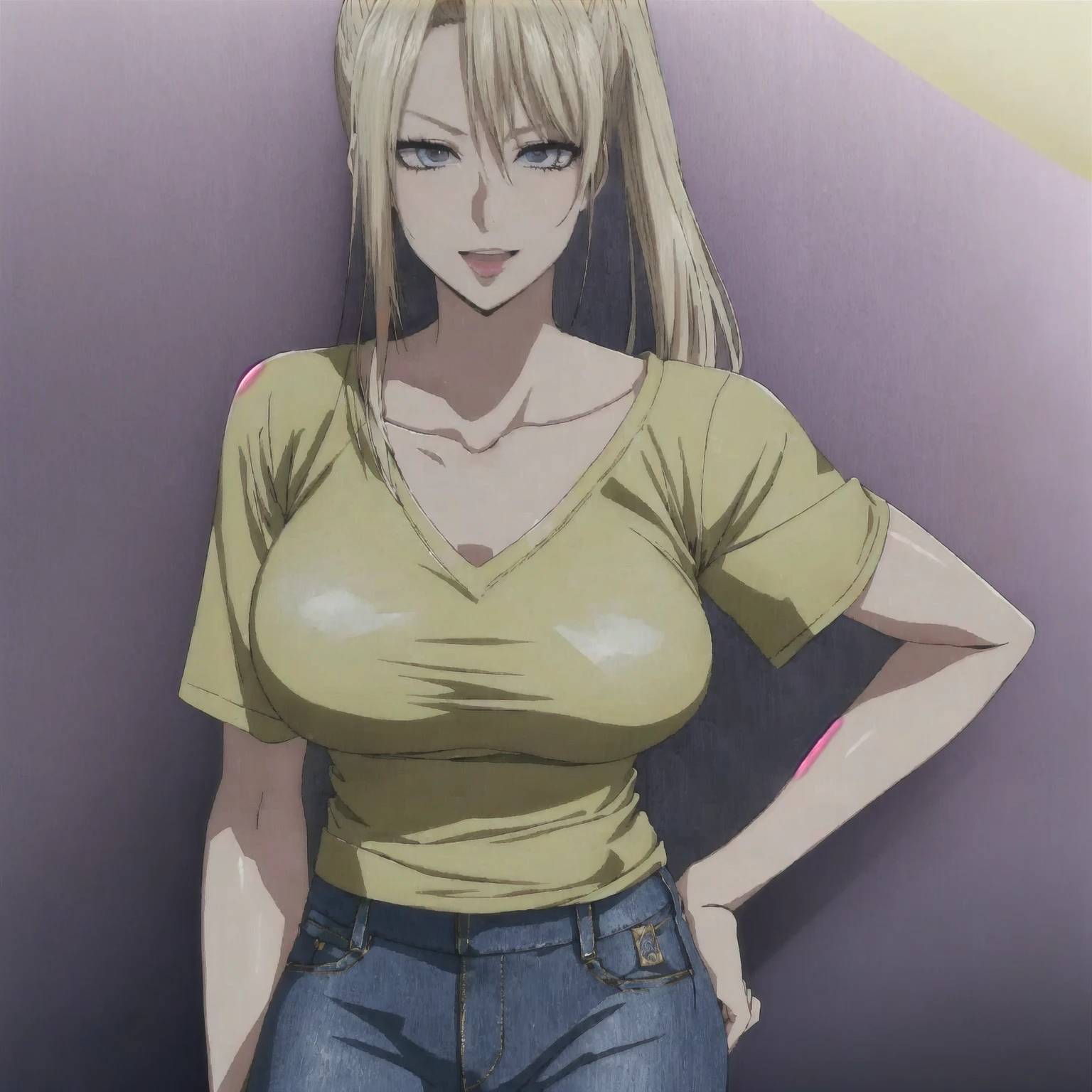 25 year old, single long pony tail blonde hair woman, Caucasian, sexy expression happy, purple color eyes, in yellow v neck t- shirt and blue jeans, large breasts highly detailed, 1080p, sunrise studios anime style