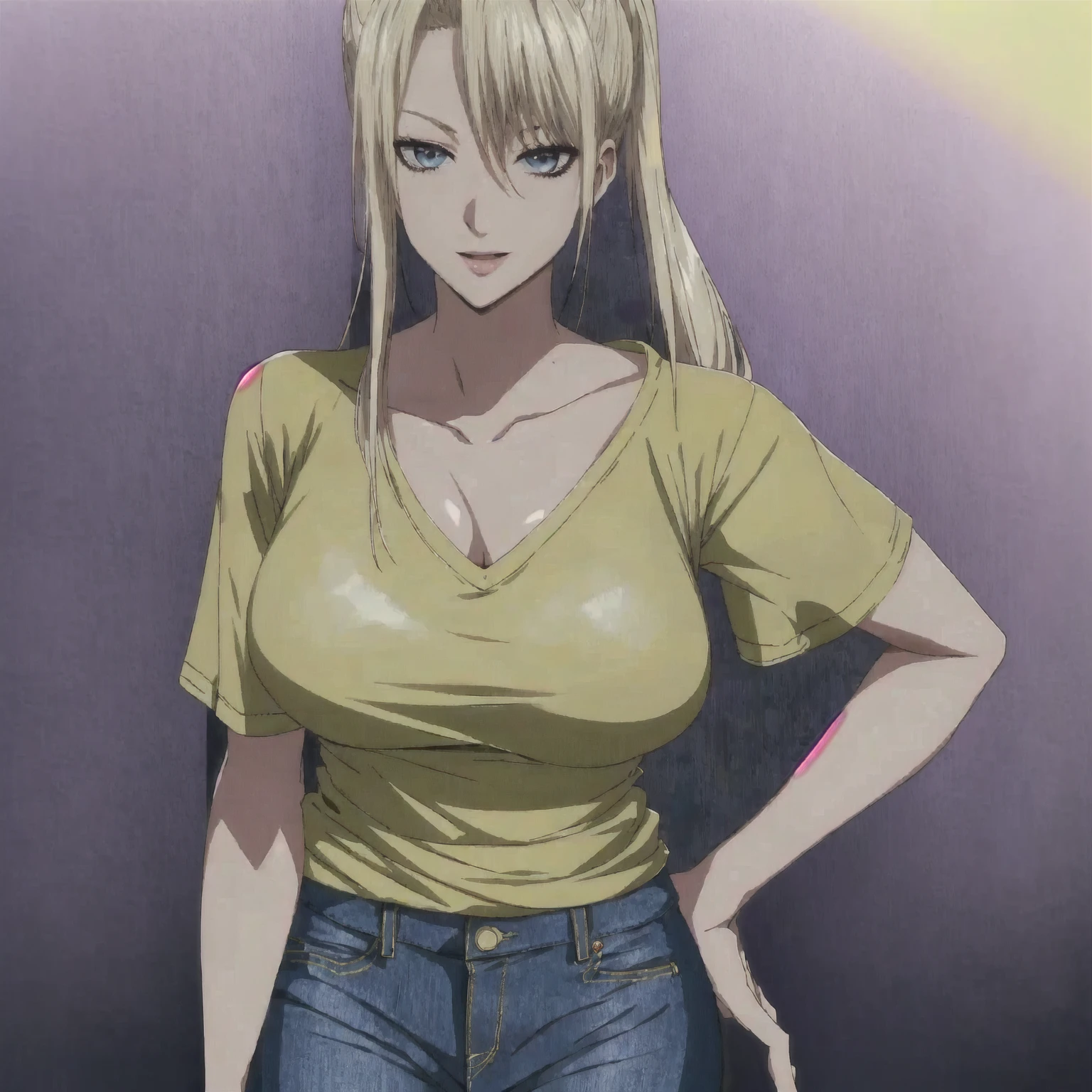 25 year old, single long pony tail blonde hair woman, Caucasian, sexy expression happy, purple color eyes, in yellow v neck t- shirt and blue jeans, large breasts highly detailed, 1080p, sunrise studios anime style