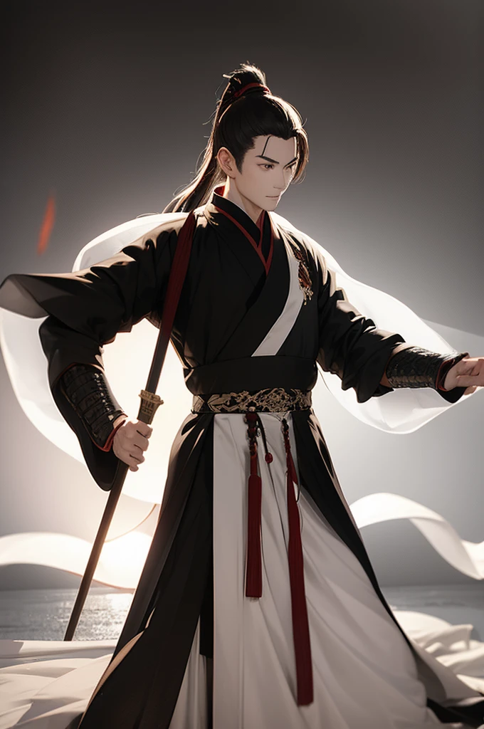 chinese man, hanfu, black robe, sword, cultivator, quadratic element，anime style，one person（male warrior），The proportions are correct, face details，swordsmen，high ponytail hairstyle，Neck details，（ Positive focus），（in the dark night：1），（best quality），（fidelity：1），movie posts，realistic skin textures，highly detailed，8k wallpaper，volumetric lighting，dynamic lighting，a man ，long black ponytail hair，long white robe，white sash，A small amount of armor，Shoulder blades，Waist guard，Hand guard，Ancient Chinese wind，attack pose，blood stain，torn clothes，Ancient field of Chinese battle，The arrows fly，there is a lot of war，the night，dramatic composition，Sword qi surrounding，The picture is rich in details，karo，light，The clothes are complicated，perfect composition，refinement，high quality，highest details， lots of details，The background is complex，a sense of atmosphere，Game quality，Fencing，Light and shadow tracking，Ray tracing，detailed glow，CG rendering，hair detail，