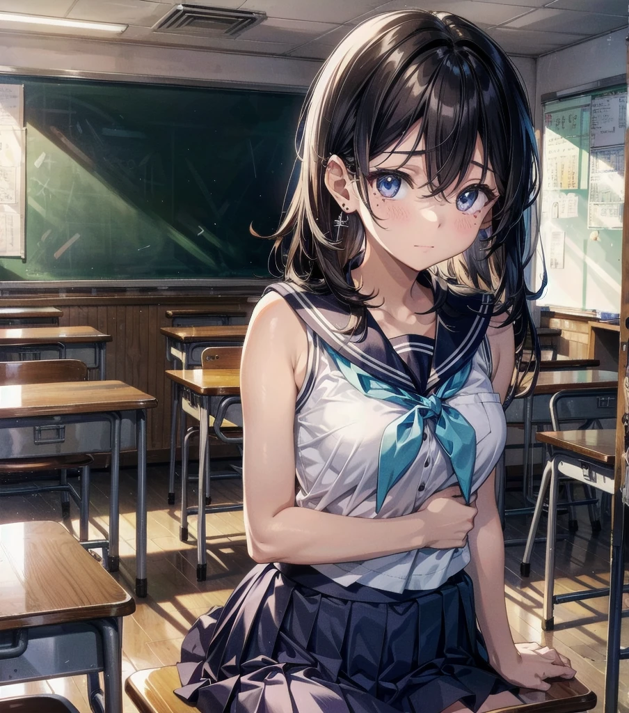 whole body, earring, longer medium hair, medium tits, tearful mole, school_uniform, sailor uniform, sleeveless, school, classroom,