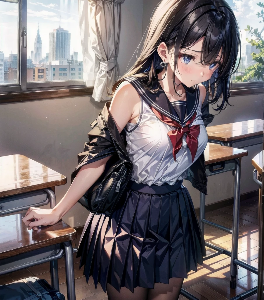 whole body, earring, longer medium hair, medium tits, tearful mole, school_uniform, sailor uniform, sleeveless, school, classroom,