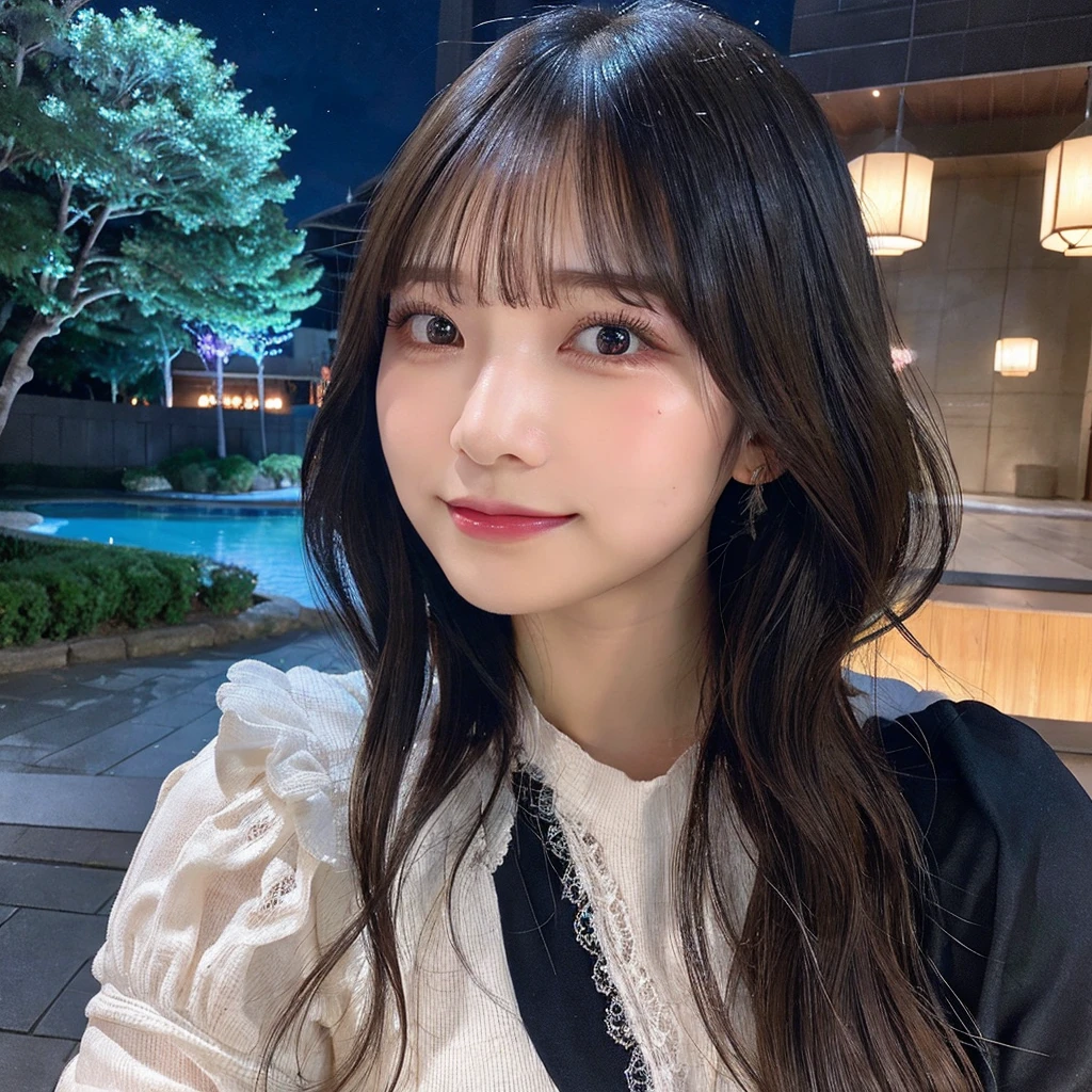 (NSFW),(Beautiful starry sky、Meteors、constellation)、masterpiece、( camisole)、(Super big breasts、valley)、(Double eyelids、Tear bags、Long eyelashes、Big, round eyes),bangs、Beautiful 20 year old woman、a japanese beautihul girl、kolian makeup,(black long hair),highest quality, figure, Very detailed,Natural color lip, A shy smile