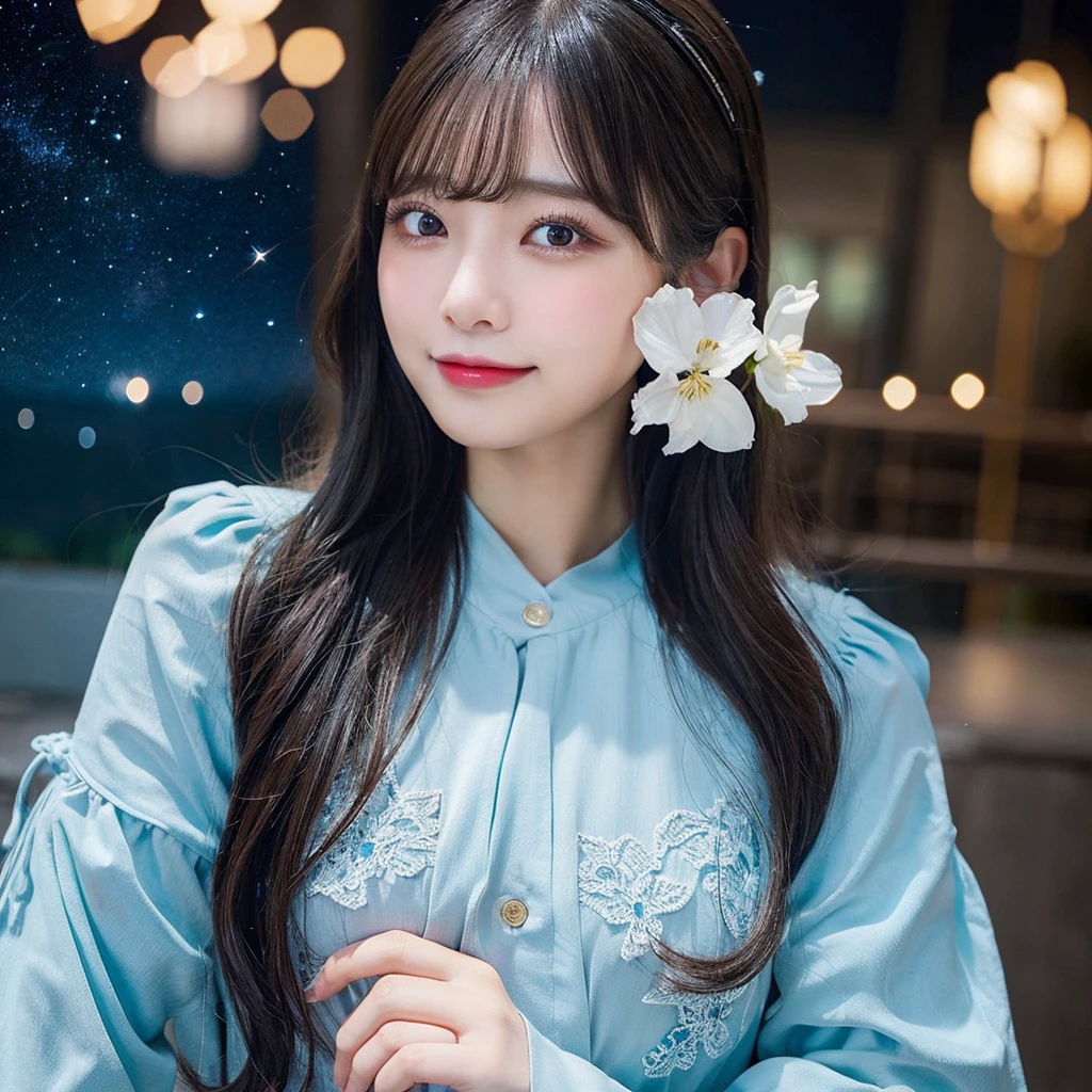 (NSFW),(Beautiful starry sky、Meteors、constellation)、masterpiece、( camisole)、(Super big breasts、valley)、(Double eyelids、Tear bags、Long eyelashes、Big, round eyes),bangs、Beautiful 20 year old woman、a japanese beautihul girl、kolian makeup,(black long hair),highest quality, figure, Very detailed,Natural color lip, A shy smile