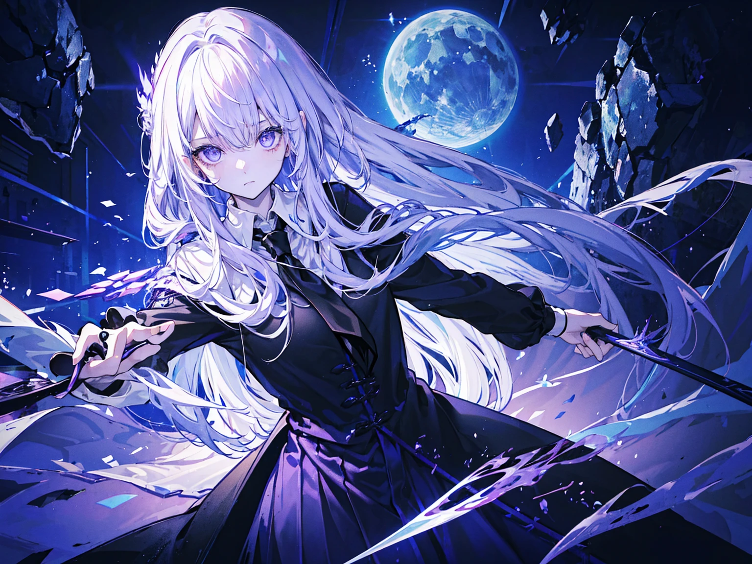 Wearing Darkness、1 personの女の子、White long hair、Purple left eye、blue right eye、wields the sword of darkness、闇のaura、Black Light、Rainbow light、Black long coat、White shirt、Black tie、Long trousers、suit、、1 person、Fantasy、aura、whole body、high resolution、High resolution、Detailed、8k、Many shining swords are stuck in it、cool、Girl、Magic Sword、Magic circle in the background、Scary face、Expressionless、Light comes out of the eyes、Standing in the wilderness with the sword piercing、Cool face、Left hand in pocket、